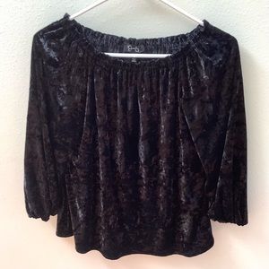 Jessica Simpson black off shoulder velveteen peasant blouse XS, 3/4 sleeves